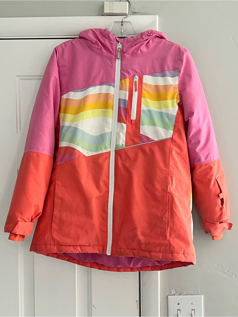 Swiss Tech Girls' Pink & Coral Hooded Puffer with Rainbow